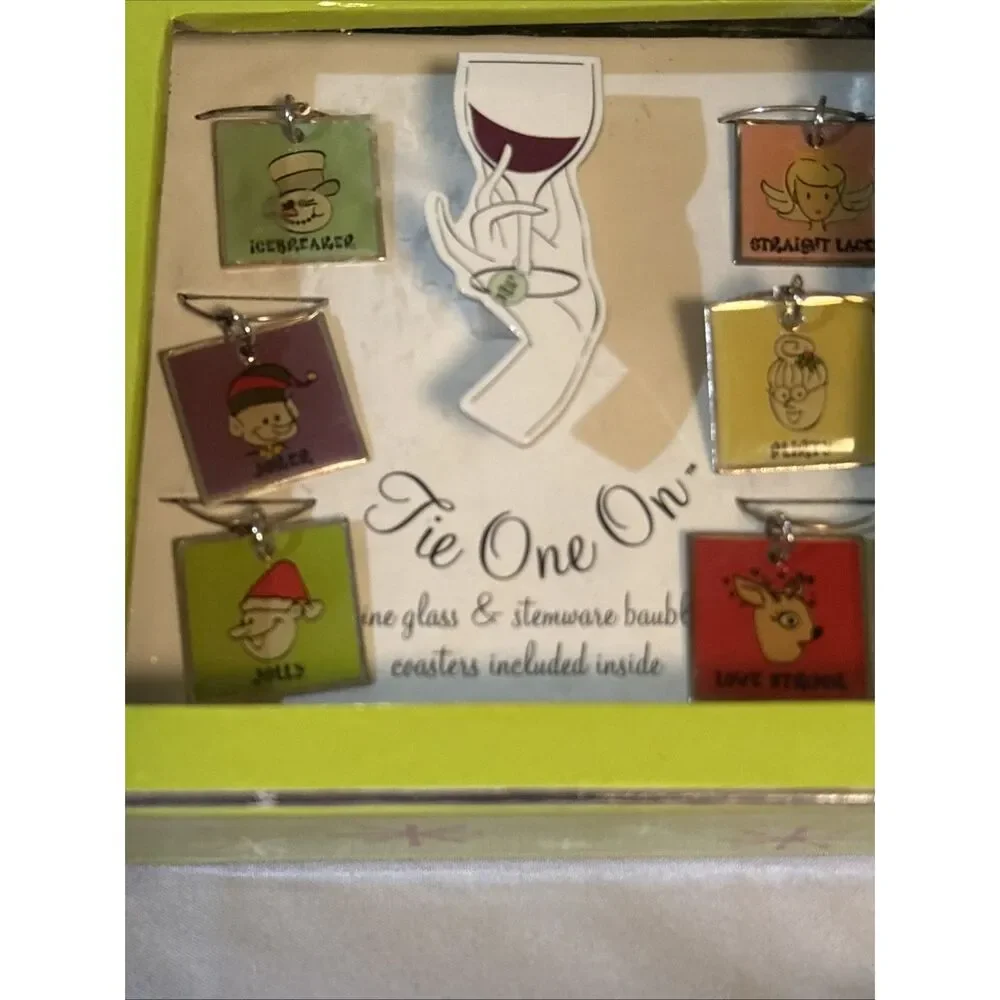 Tie One‎ On Holiday Wine Glass Charm Stemware 6 Pc Coasters & Baubles